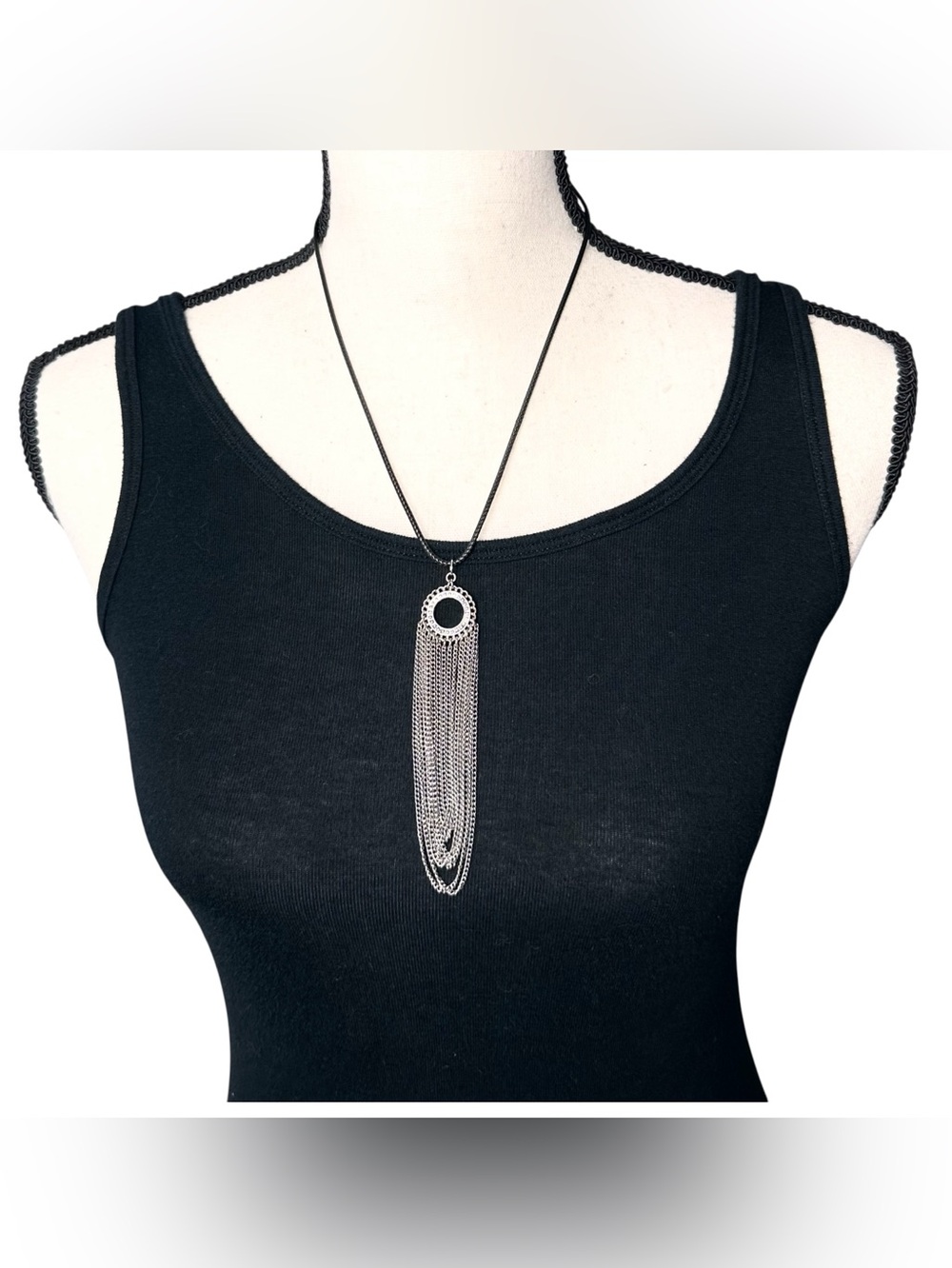🤍 Silver Tone Chain Tassel Pendant on Black Cord